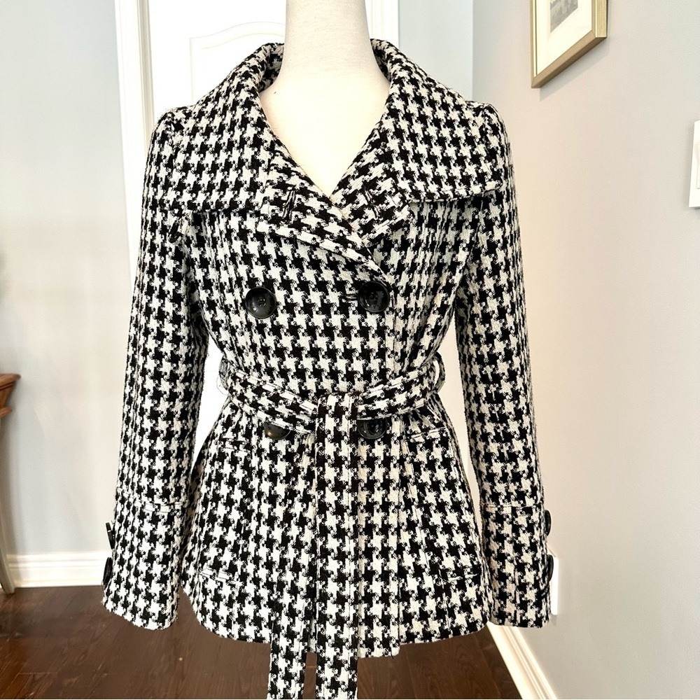 ISAAC MIZRAHI Houndstooth Wool Blend High Collared Pea Coat - Size M